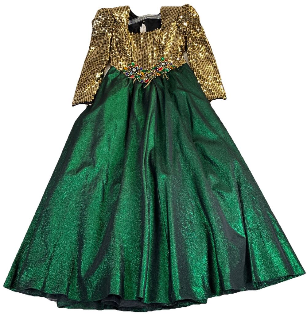 Vintage 80s Alyce Designs Green/Gold Sequins Jeweled Holiday Party Dress Sz. 10